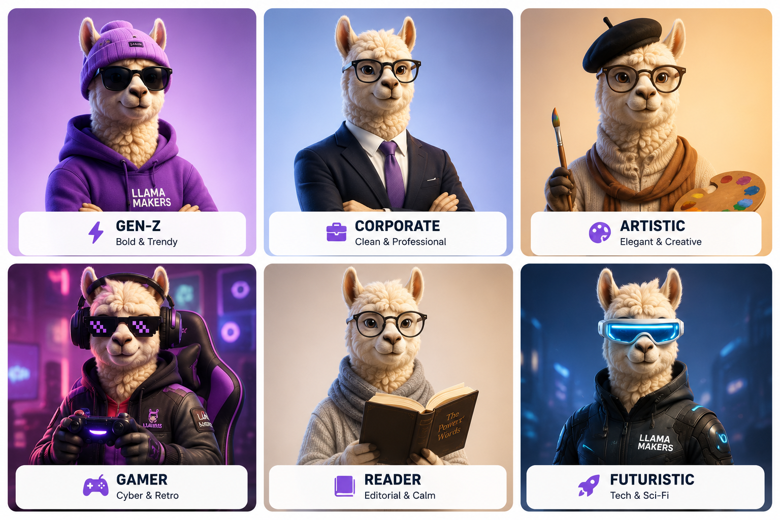 All six LlamaMakers vibe characters in a grid