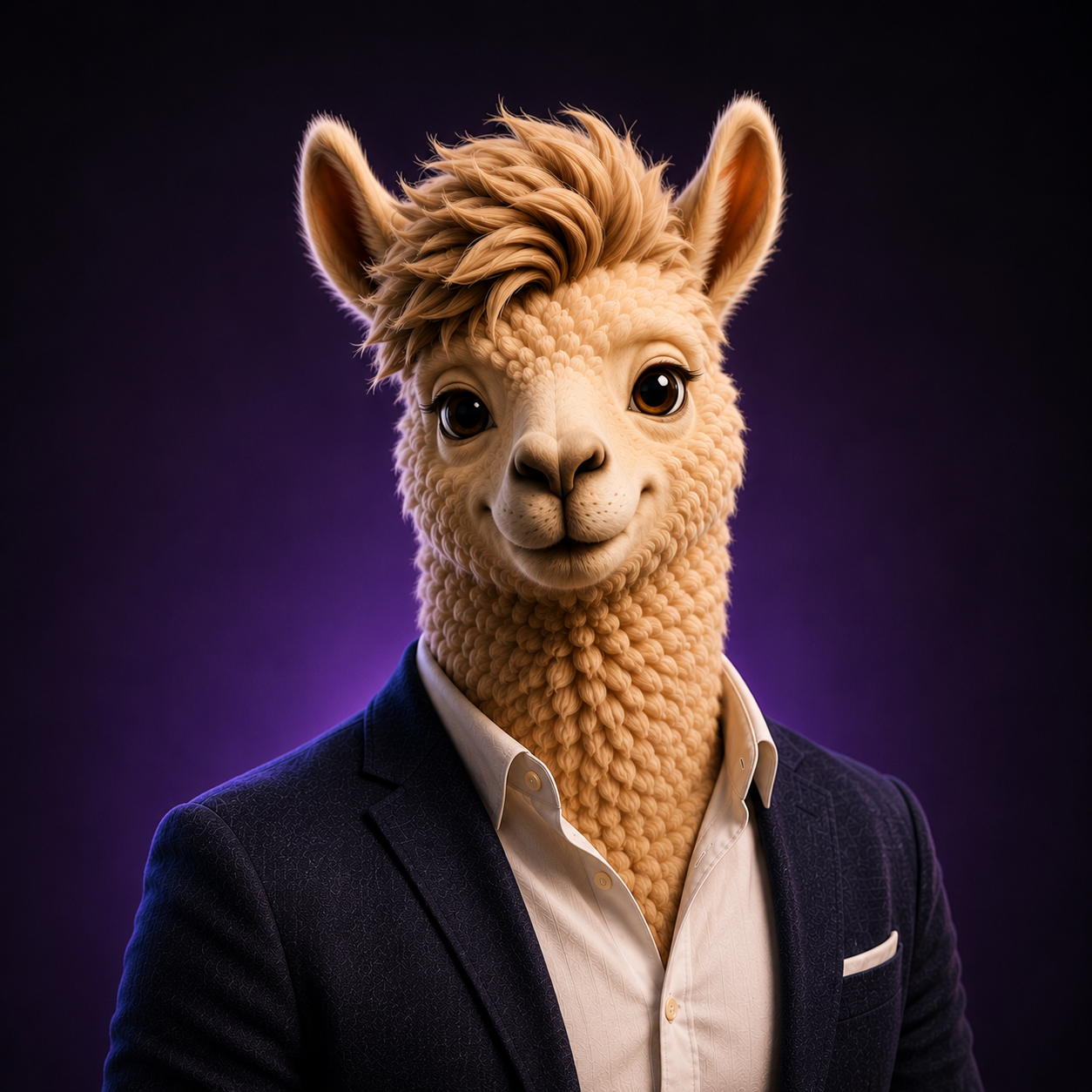 Burney Llama portrait, open collar, no tie