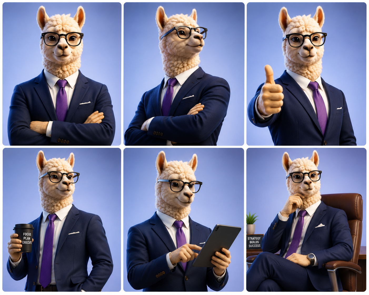 Marcus Vellington, the Corporate character in a navy suit and purple tie