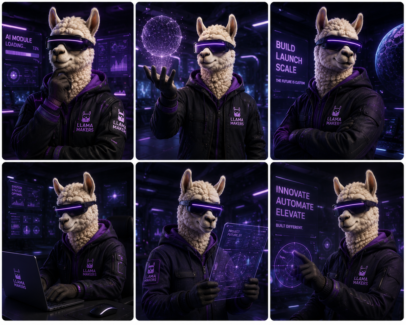 Nexus Llama, the Futuristic character in a glowing visor and tech jacket
