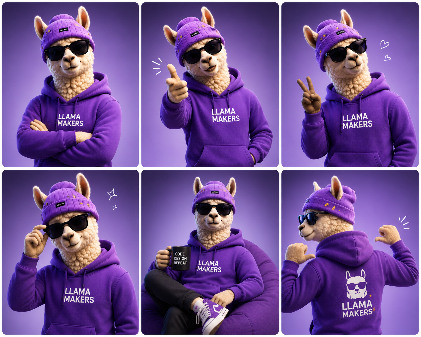Zee Hyperdrive Llama, the Gen-Z character in a purple hoodie and beanie