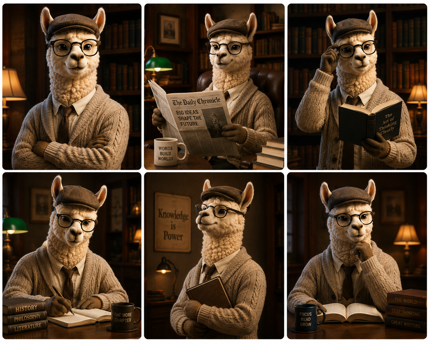 Arthur Vicuña, the Reader character in a knit sweater holding a book